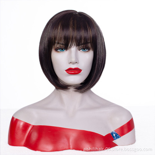 Wholesale stort brown mix blonde bob wig with natural bangs synthetic hair wigs for women